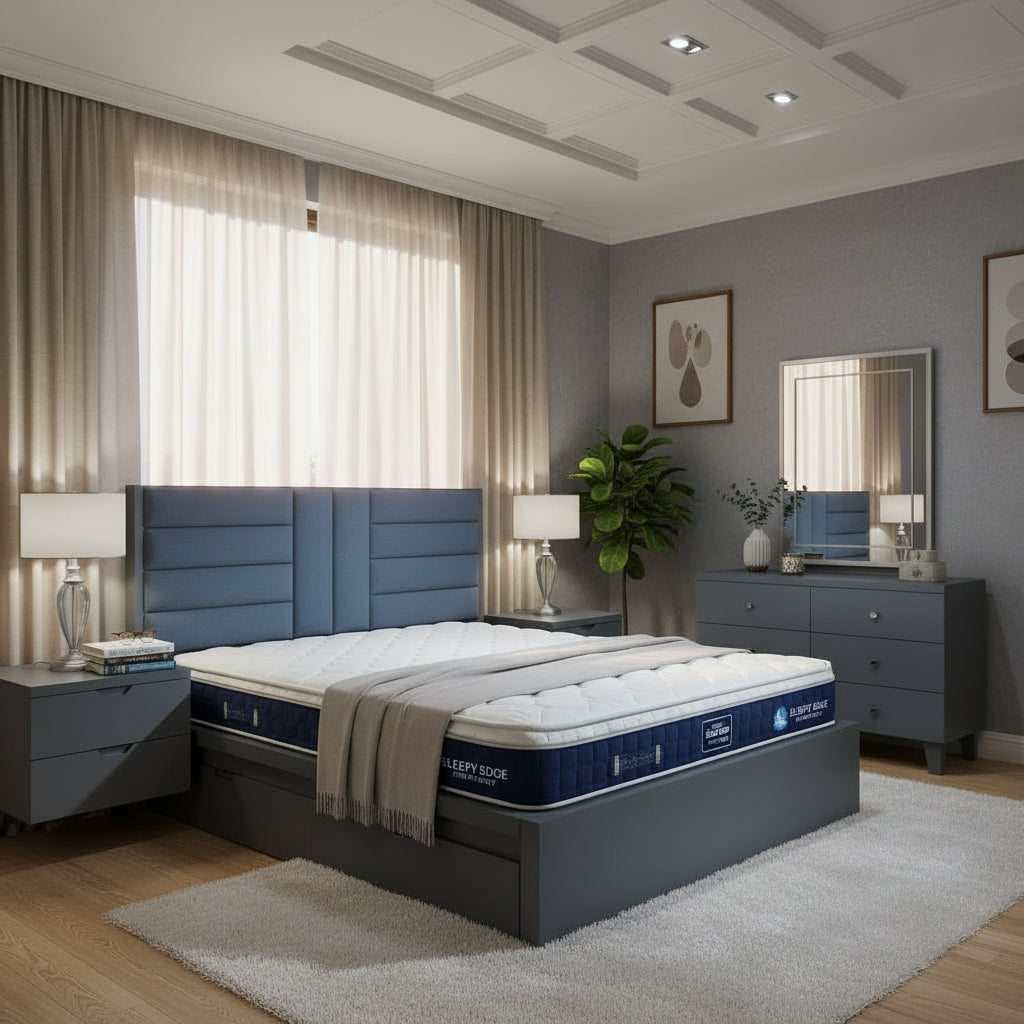 Luxurious bedroom with an ornate bed and matching furniture.